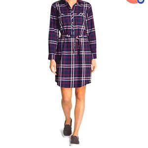 Eddie Bauer Navy Plaid Flannel Cotton Shirt Dress Sz 0